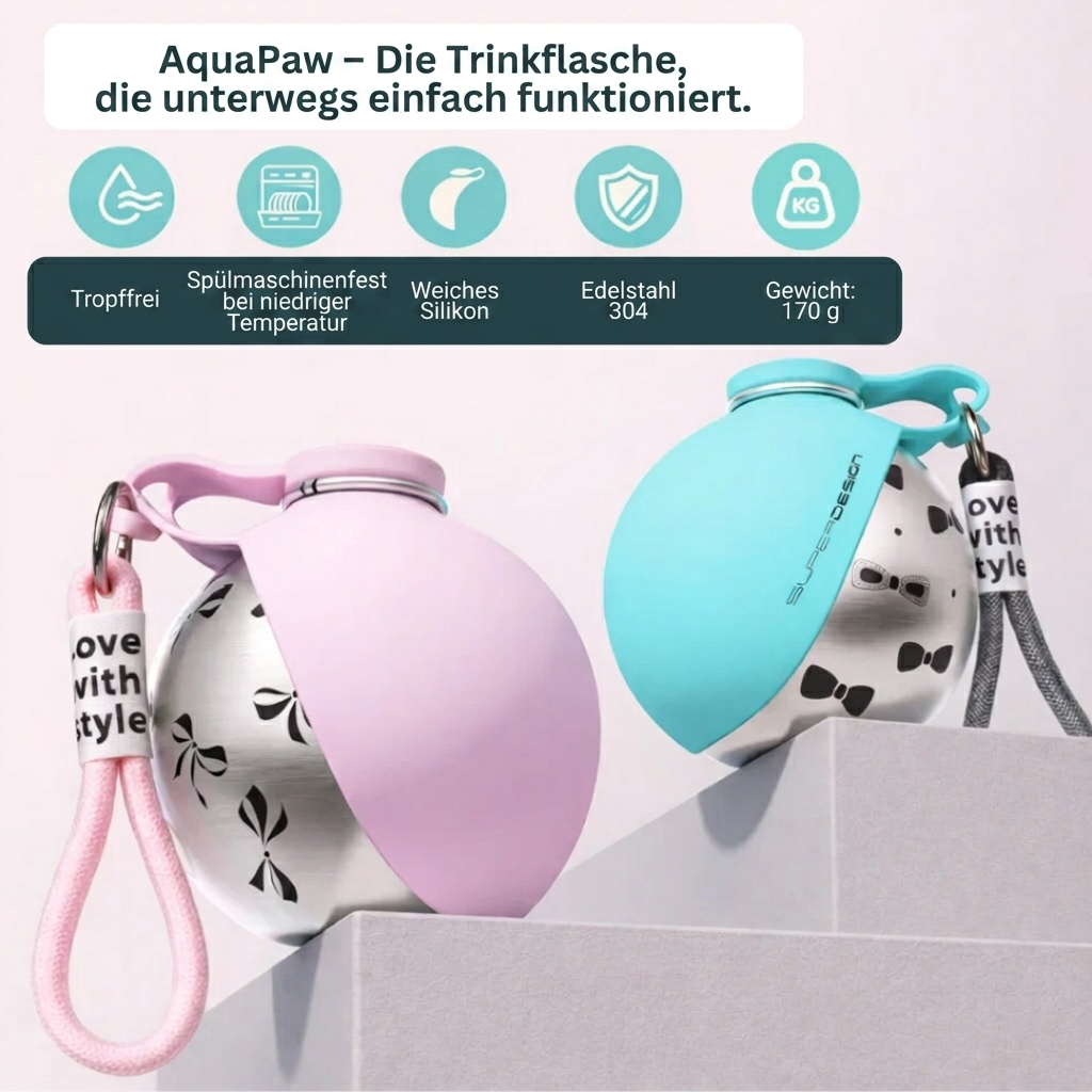 AquaPaw Hundetrinkflasche — faltbar, lecksicher, Edelstahl