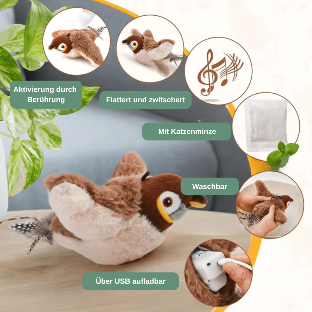 Birdie Katzenspielzeug — flattert, bewegt sich und zwitschert wie ein echter Vogel
