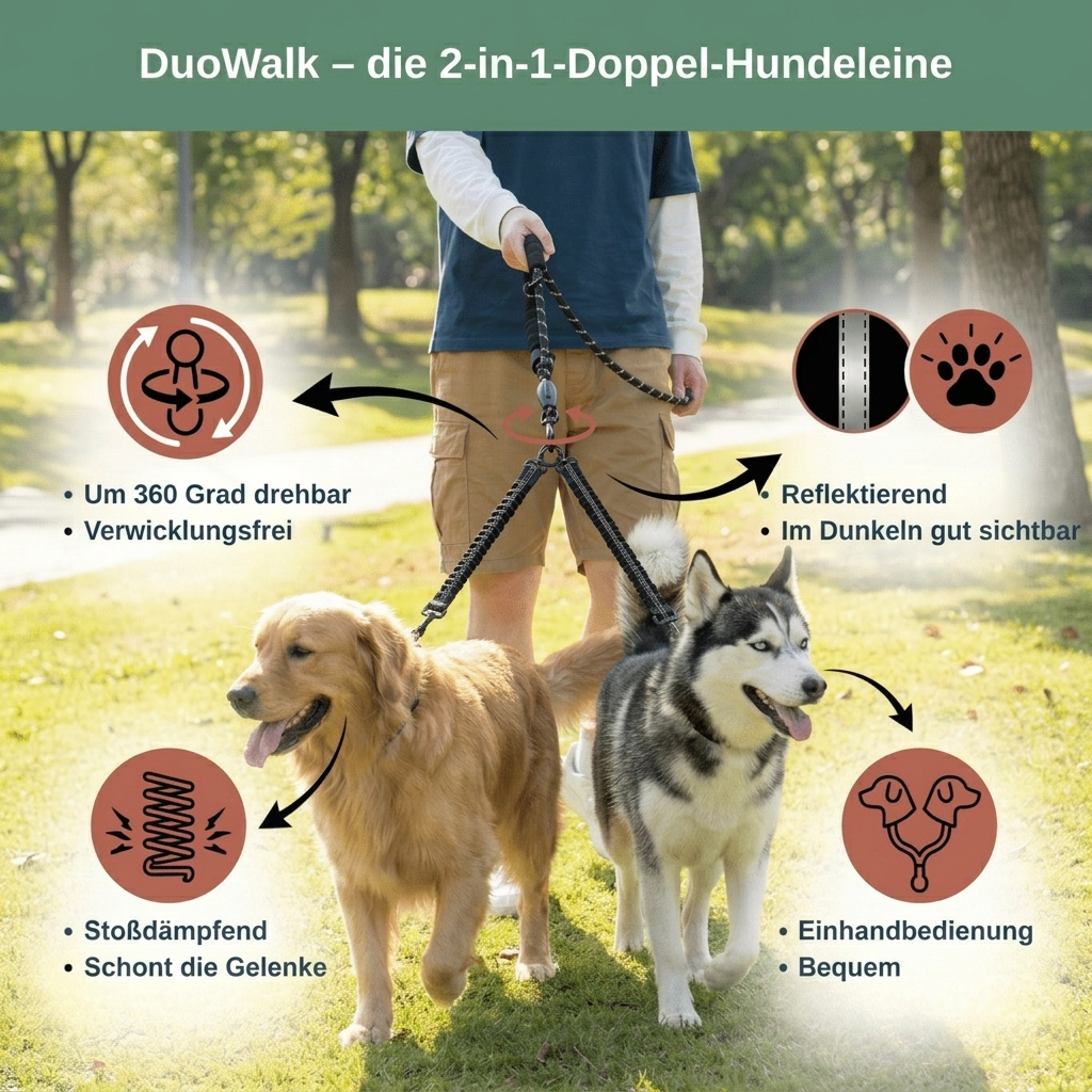 DuoWalk Doppelleine — mit 2 Hunden spazieren ohne Verheddern