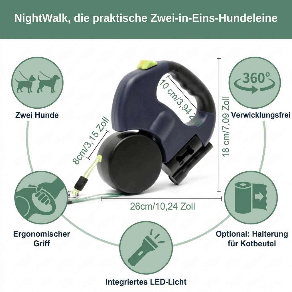 NightWalk Doppelleine für Hunde — zwei Hunde, nie mehr verheddert