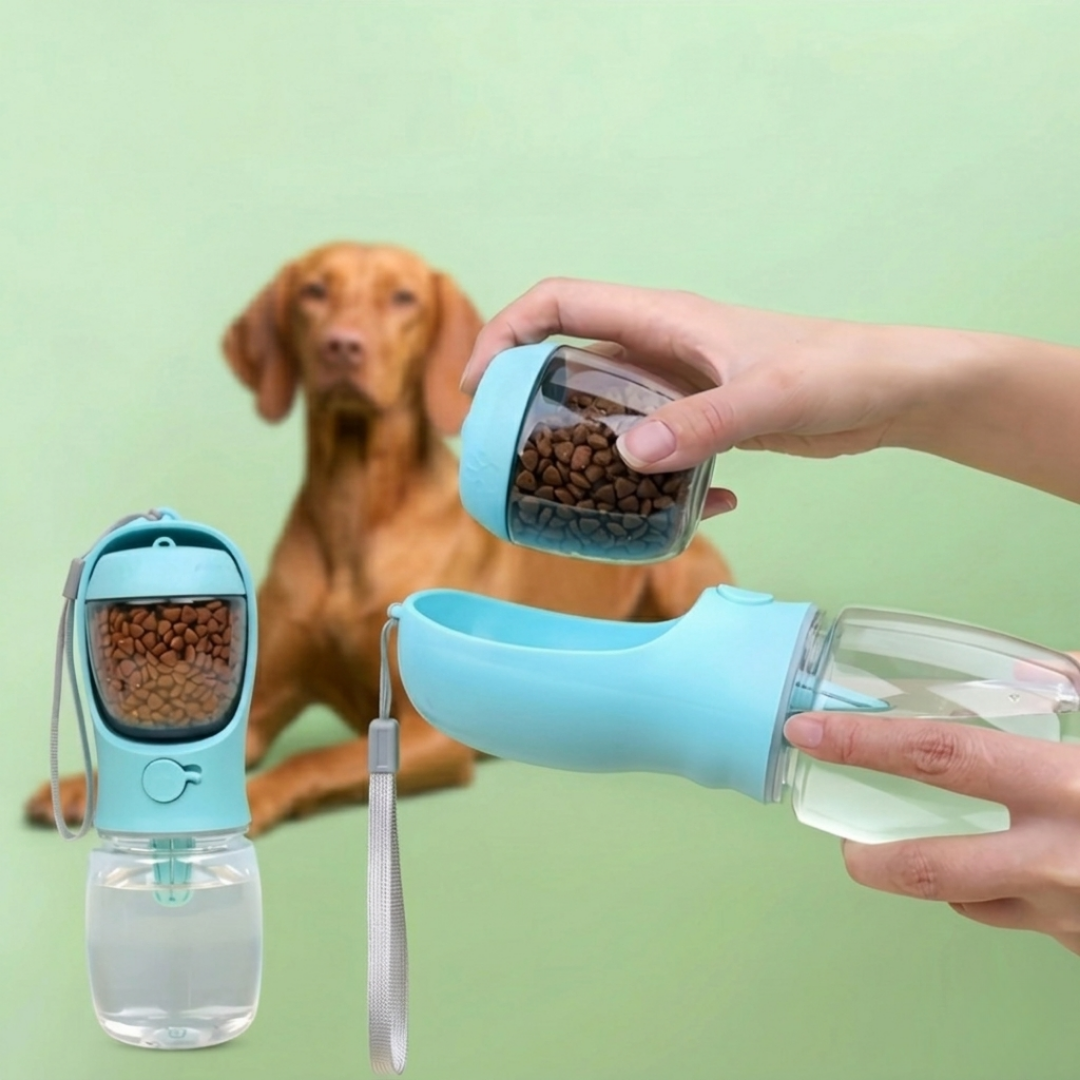 HydraBuddy 2-in-1 Trinkflasche – frisches Wasser und Futter für unterwegs.