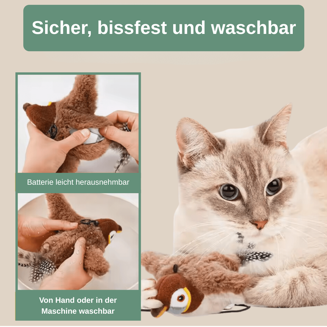 Birdie Katzenspielzeug — flattert, bewegt sich und zwitschert wie ein echter Vogel