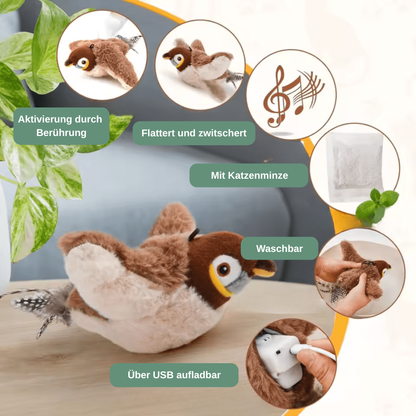 Birdie Katzenspielzeug — flattert, bewegt sich und zwitschert wie ein echter Vogel