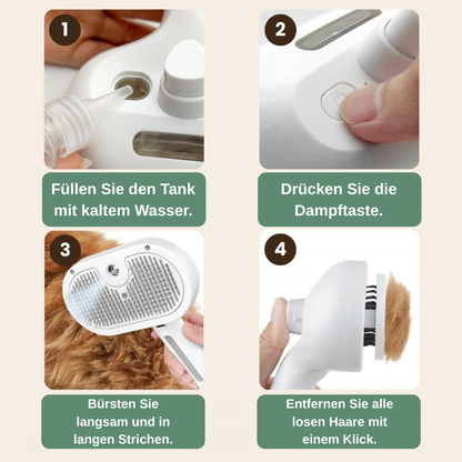 SteamPro Dampfpflegebürste für Hunde und Katzen — sanfter Dampf, gesundes Fell