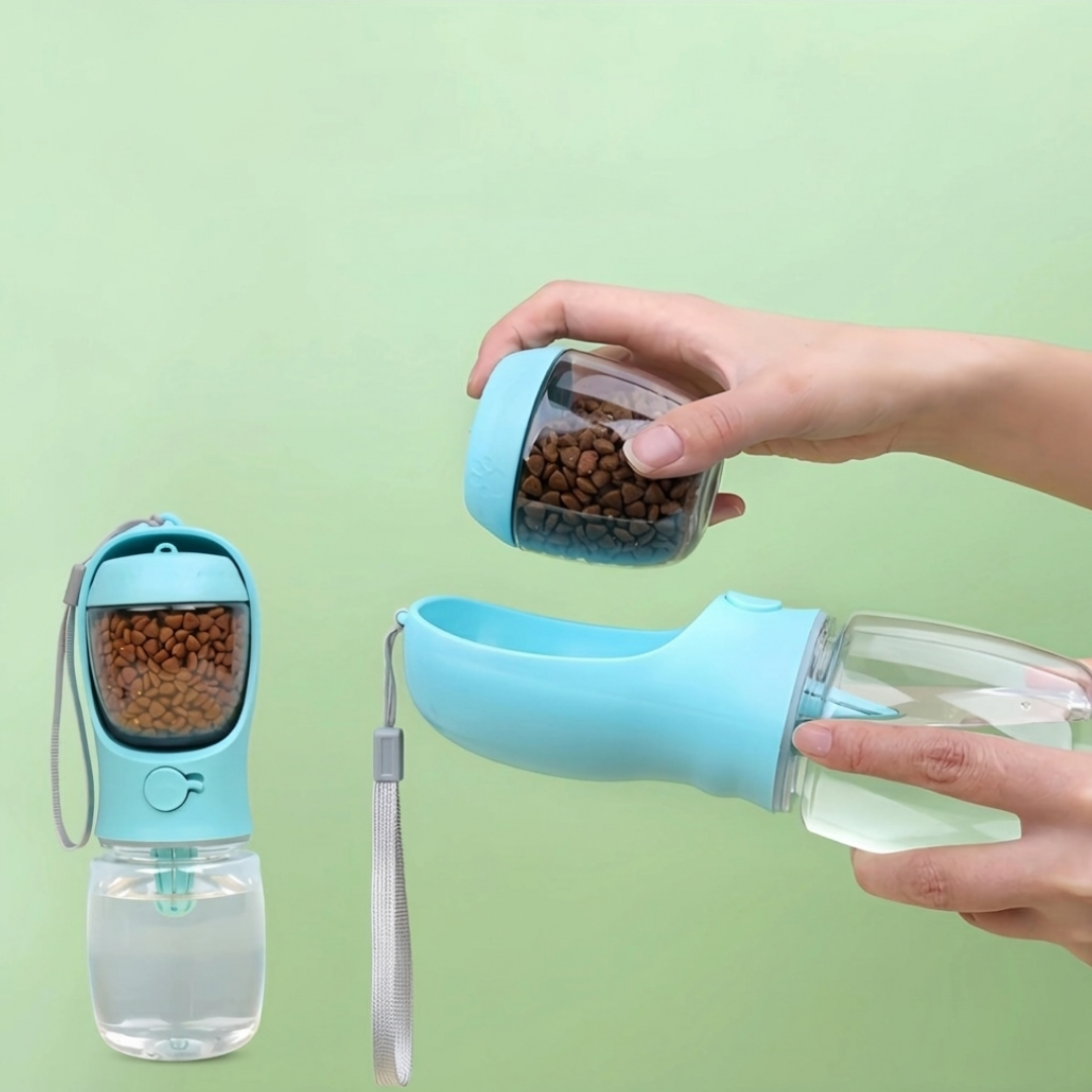 HydraBuddy 2-in-1 Trinkflasche – frisches Wasser und Futter für unterwegs.